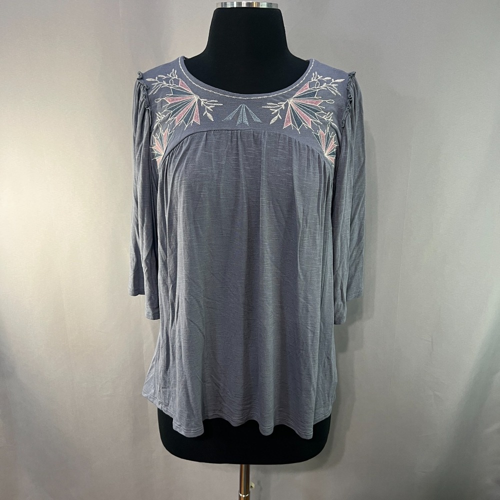 Knox Rose Tunic Top Womens Large Heathered Gray Boho Embroidered Stretch Relaxed